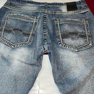 GS115 blue jeans distressed gray heavy stitch moto Jeans 36 straight leg midrise